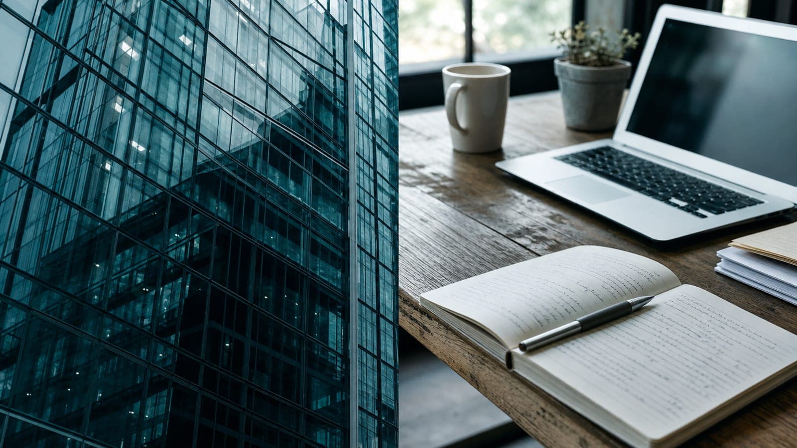 Contraste entre fachada corporativa y mesa de trabajo transparente