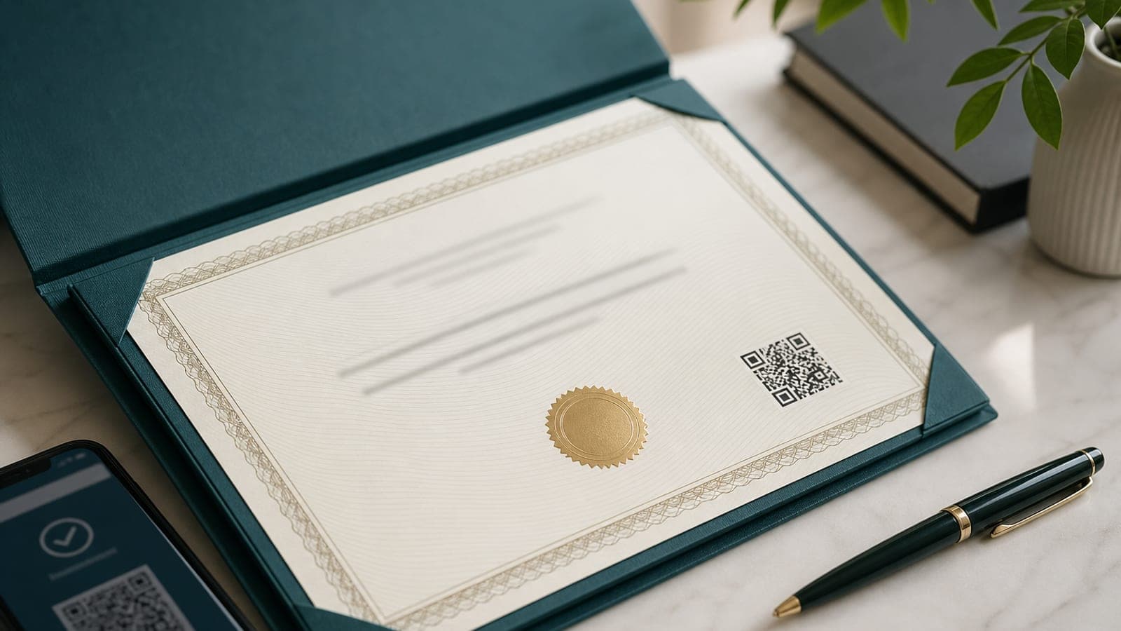 Diploma y carpeta de acreditación sobre escritorio