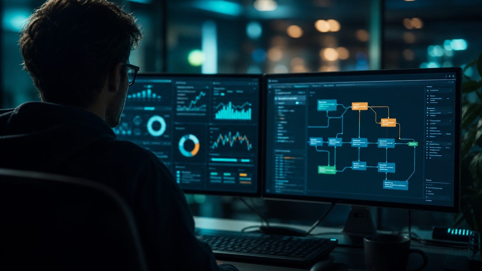 Monitores con dashboards de datos e IA en oficina